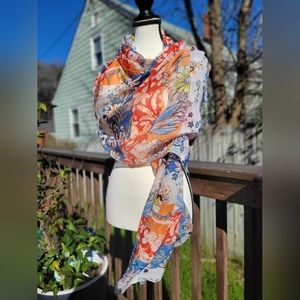 NWOT 100% Viscose Vibrant scarf, Blue and Orange and White